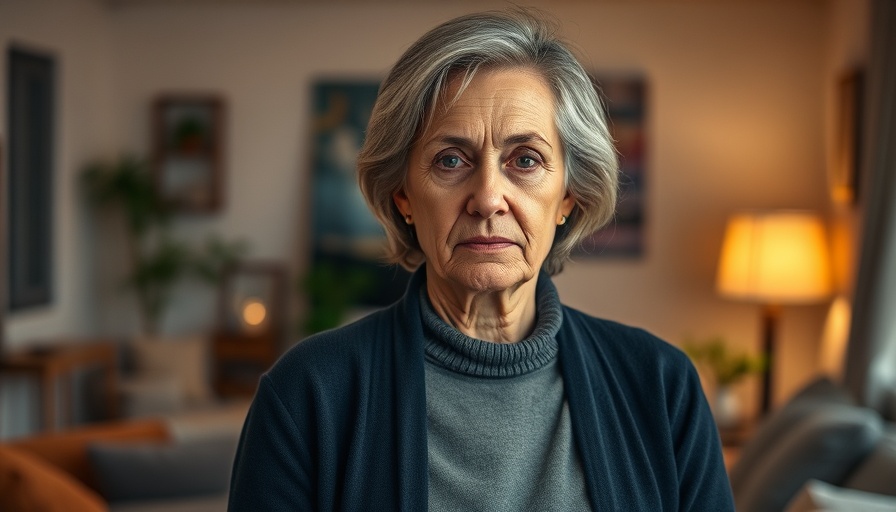 Middle-aged woman with contemplative gaze, indoor setting.