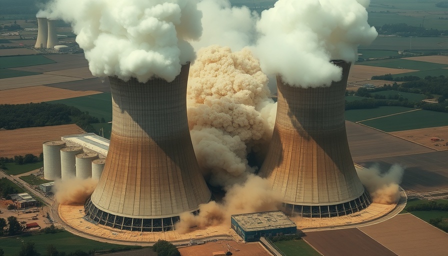 Controlled explosive demolition of cooling towers in a rural landscape.