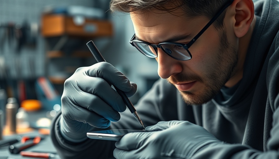 Technician repairing smartphone, diagnosing smart home hardware failures.