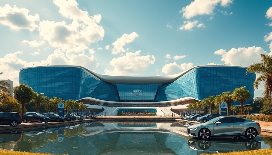 Futuristic all-electric stadium with sleek blue facades and clear sky