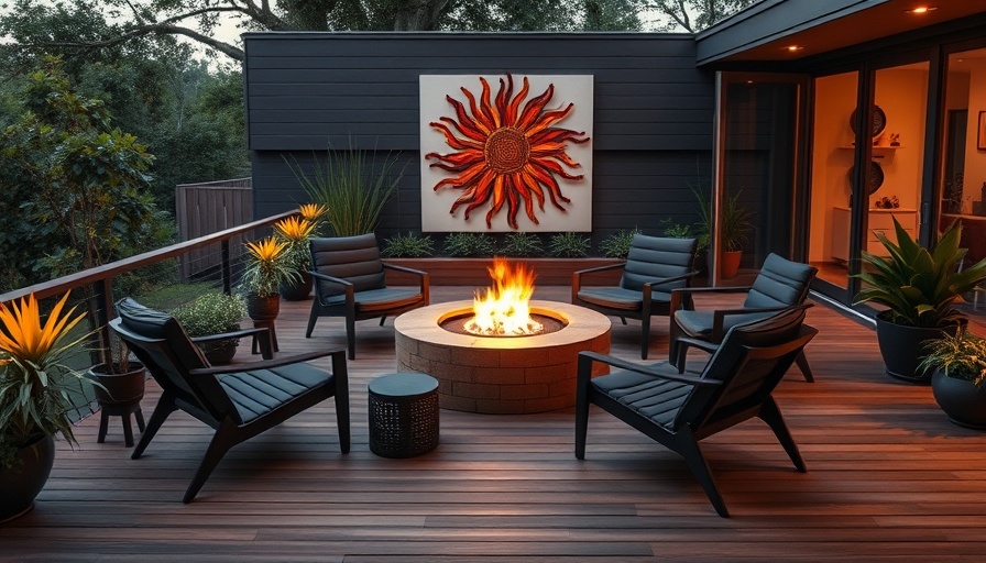 Stylish mid-century modern deck design with sleek furniture at dusk.