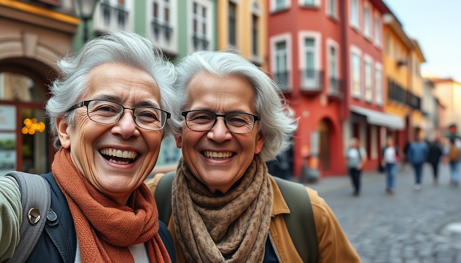 Elderly couple taking a selfie with smartphone, vibrant city scene.
