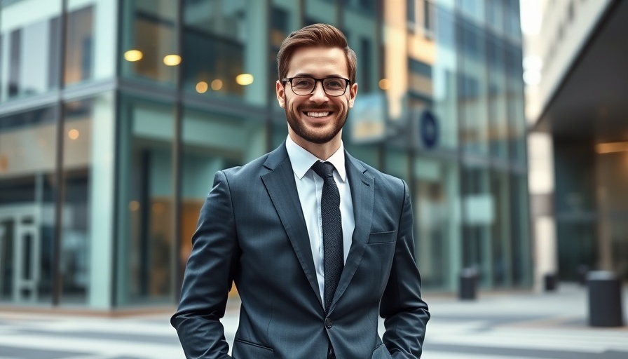 Confident business professional in front of modern glass building