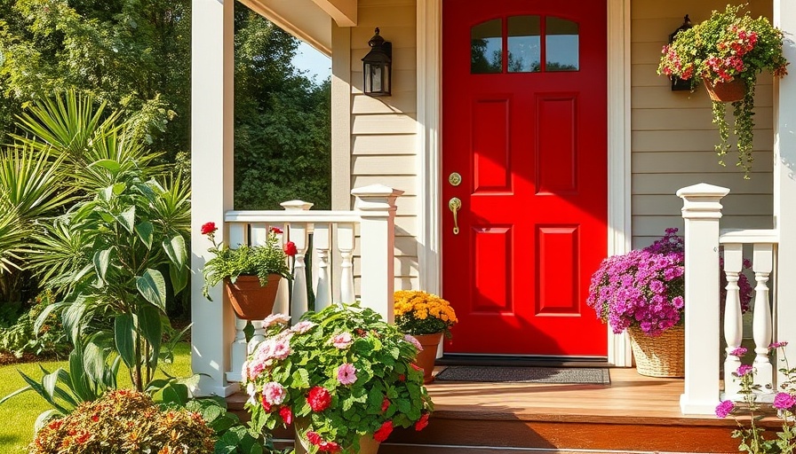 Charming small front porch design with plants and red door.