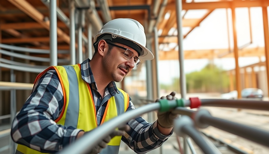 Worker installing PEX plumbing system at construction site.