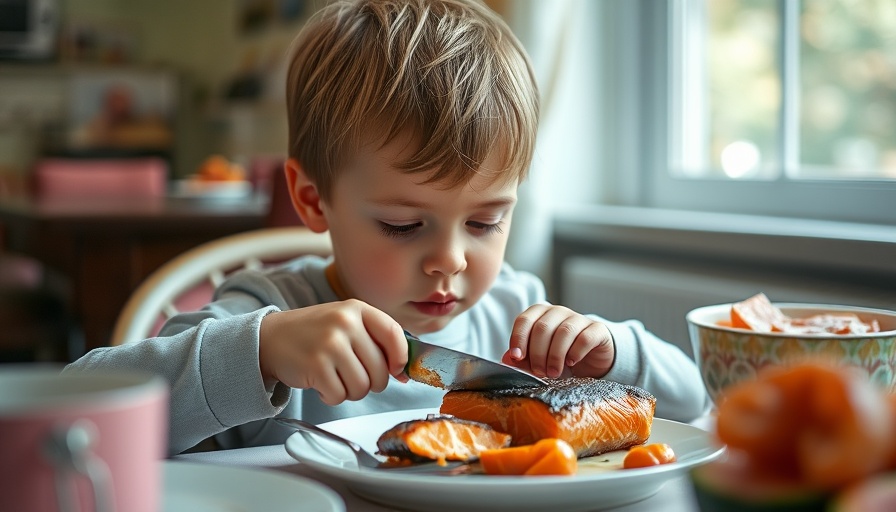 Child eating salmon for higher omega-3 intake, dining setting.