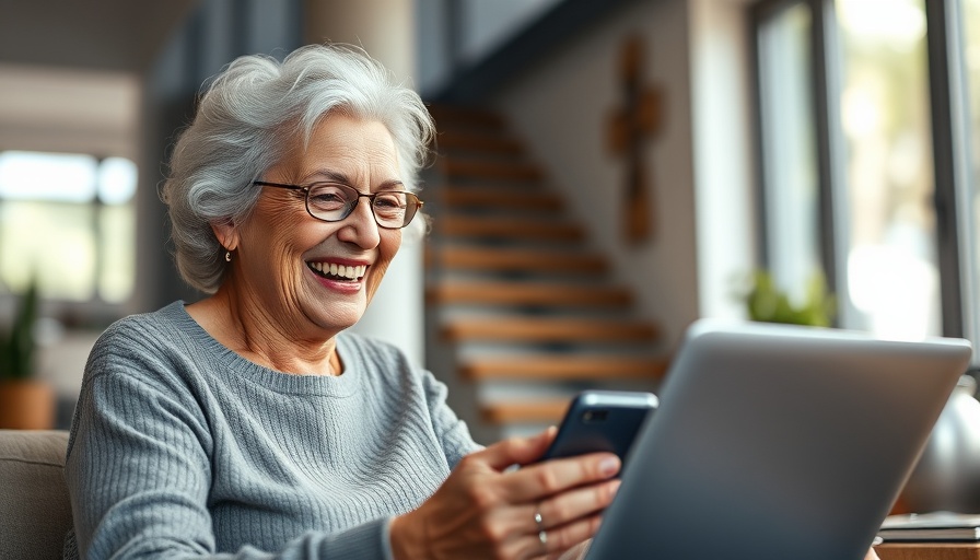 Senior woman enjoying AI technology on laptop and phone.