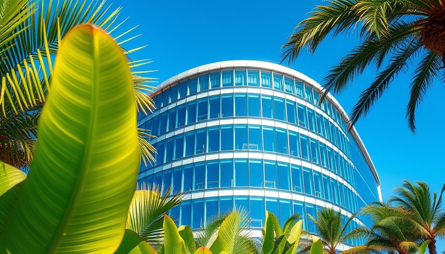 Corporate building exterior with glass façade and greenery, employee benefits.