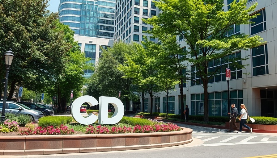 Entrance sign at CDC complex with people walking nearby.