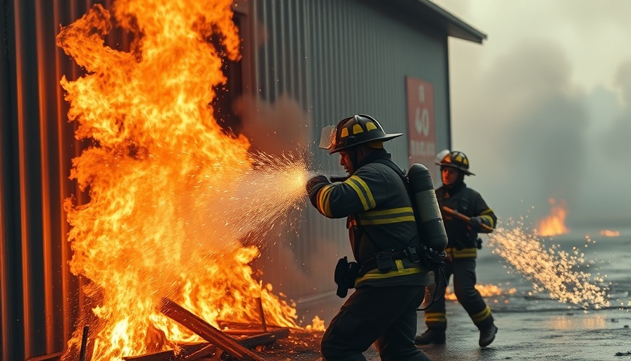 Firefighters battle blaze in West Long Beach, sparks fly, intense scene.