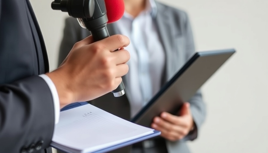 Journalist with red microphone and notepad, healthcare news coverage.