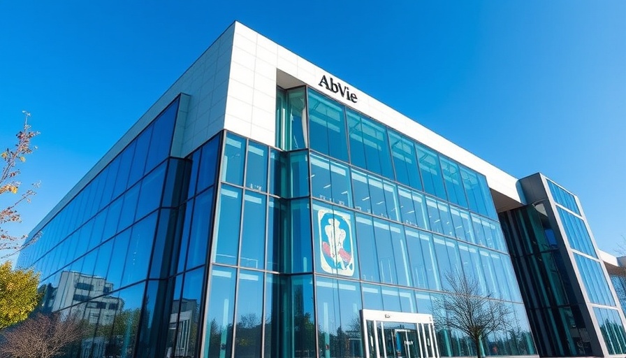 AbbVie building facade with blue glass windows under clear sky.