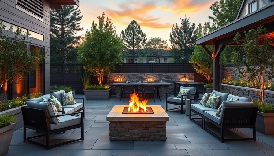 Modern hardscape design featuring an elegant patio with a fire pit.