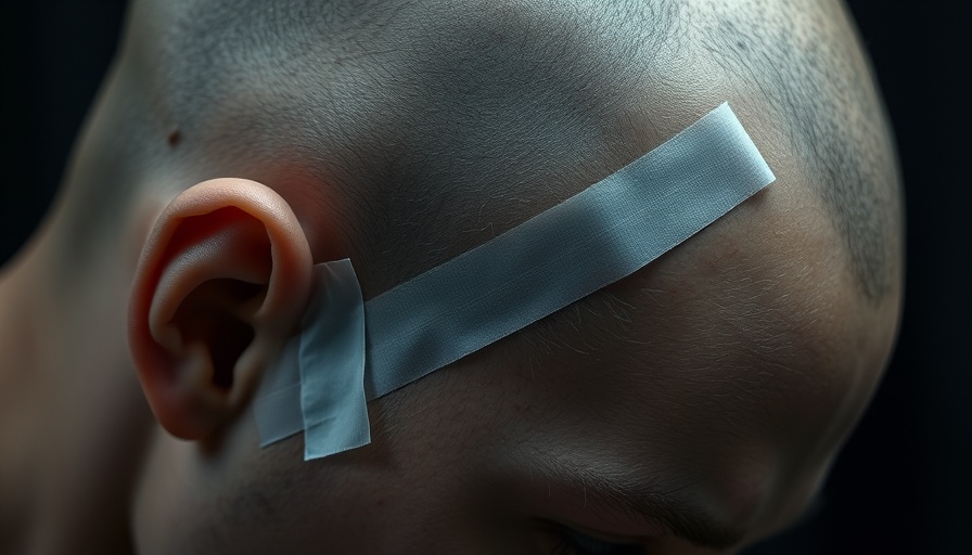 Close-up of head wound healing with medical tape.