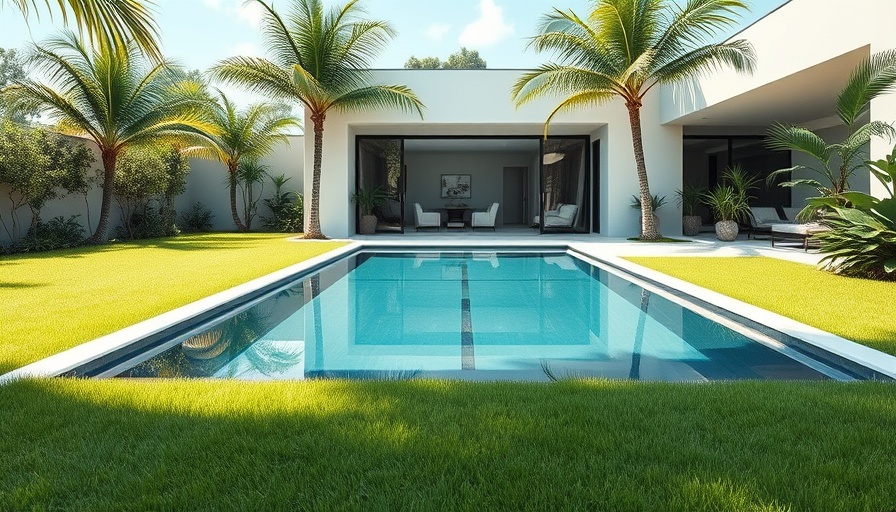 Modern pool in minimalist lawn landscaping with palm trees.