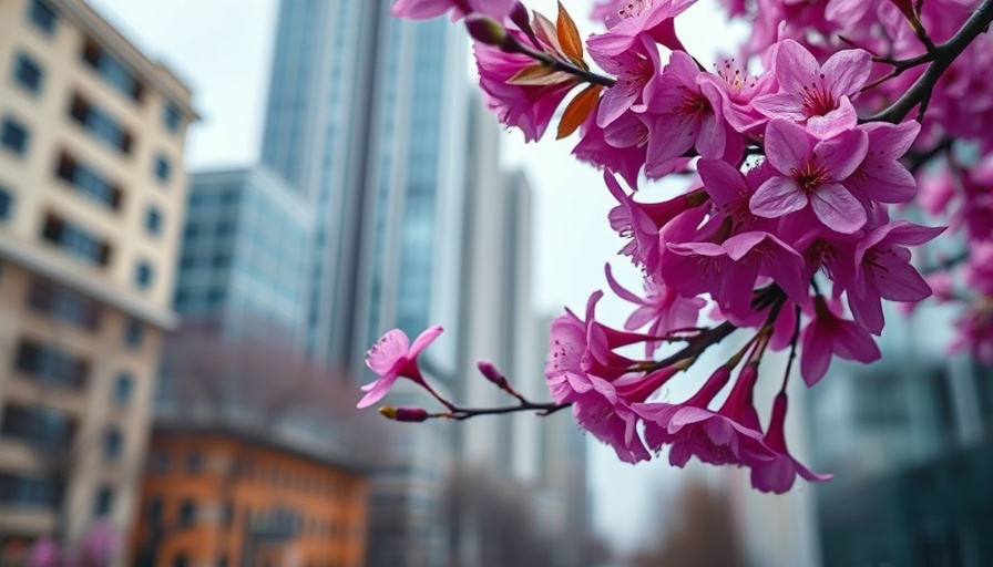 Purple blossoms with Charlotte cityscape, spring lawn care tips.