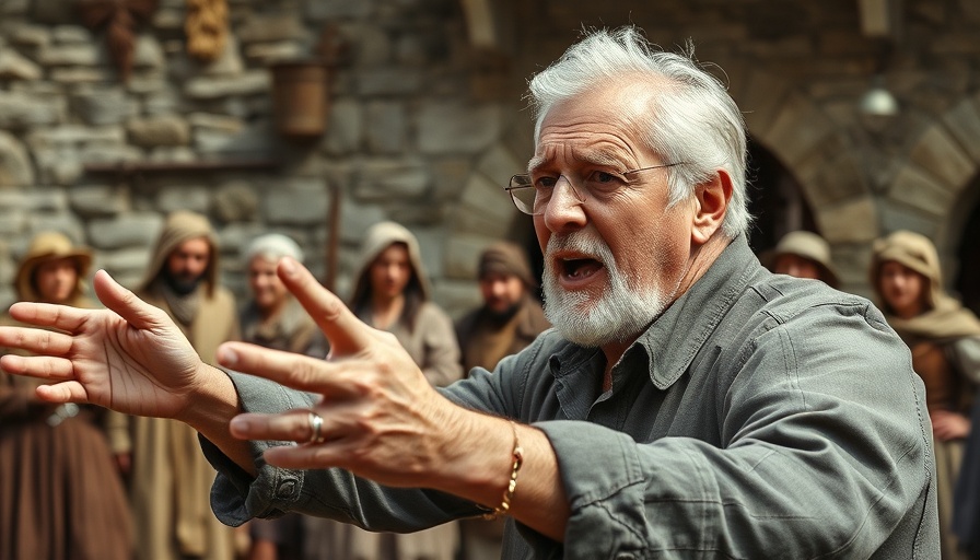 Elderly director excitedly leads filmmaking on historical set.