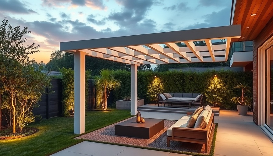 Modern backyard with white pergola design ideas at dusk.