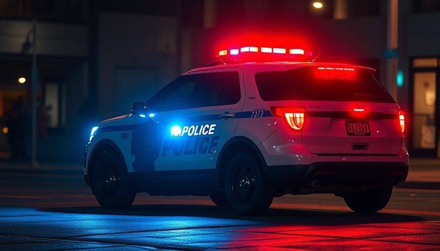 Police car with flashing lights at night, Huntington Beach crime incidents.