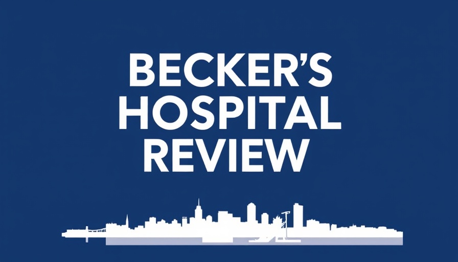 Hospital review text with city skyline silhouette.