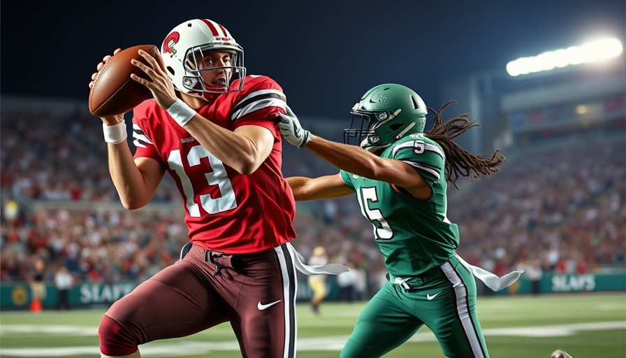 Exciting moment from Mater Dei football game with players in action under stadium lights.
