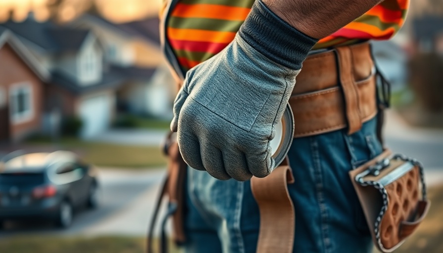 A worker holding advanced adhesive tape for home upgrades in a suburban area.