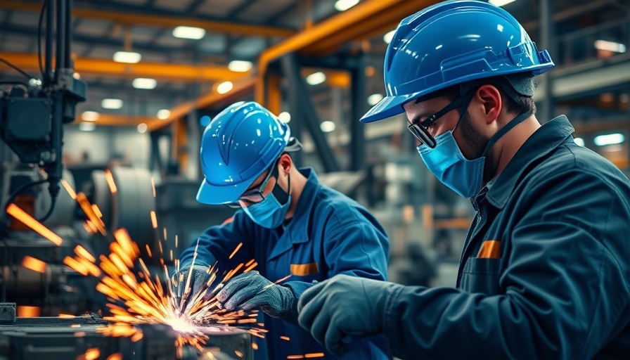 Industrial workers welding in factory; sparks flying - employee benefits.