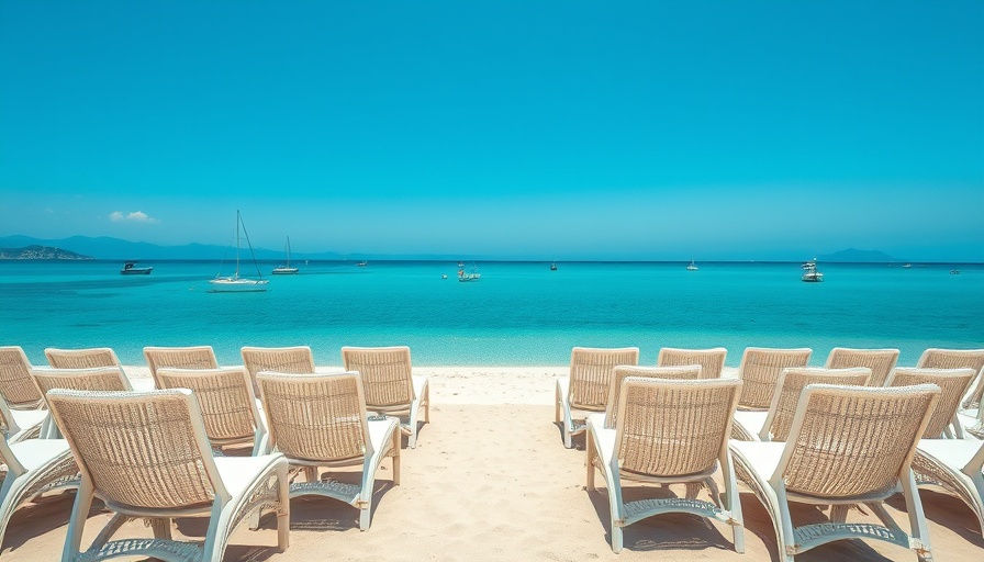 Tranquil beach with white loungers and turquoise sea under blue sky.