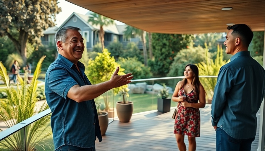 Friendly businessman on a patio, promoting decking business.
