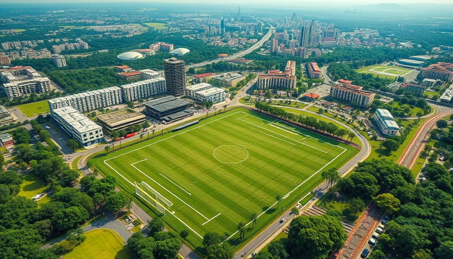 Aerial view of urban village project in Sandwell with lush greenery and sports field.