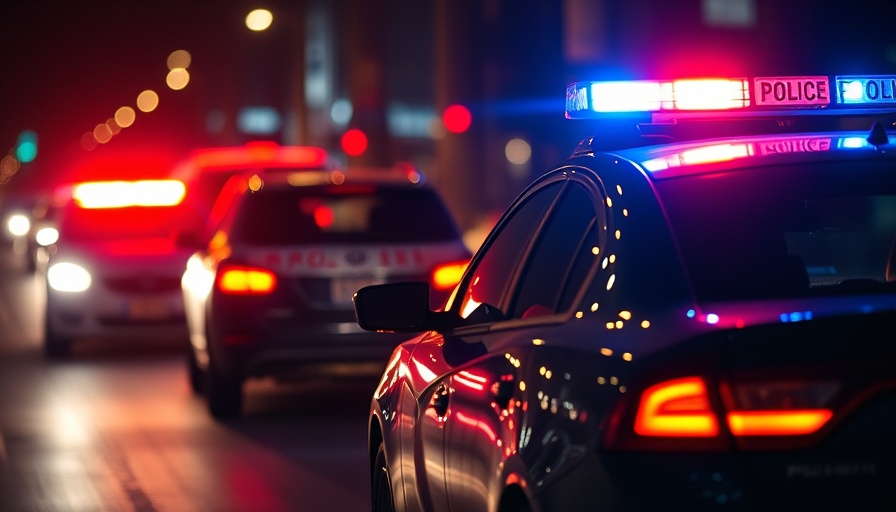 Emergency lights on police cars at night in Long Beach.