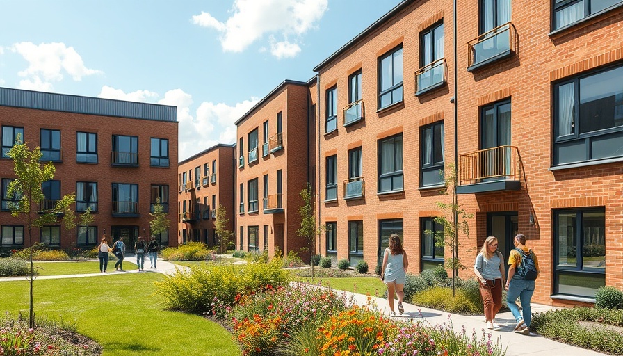 Exeter University student accommodation complex with students walking outdoors.