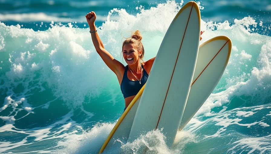 Molly Picklum, World Champion, celebrating a surfing victory in the ocean.
