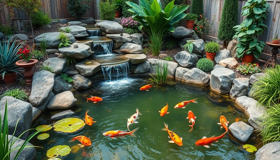Backyard waterfall pond design ideas featuring koi fish.