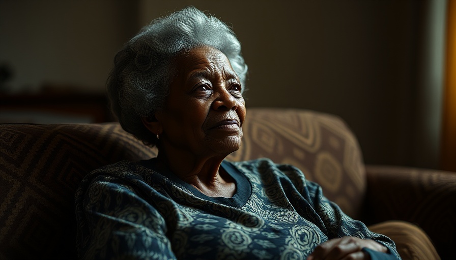 Elderly African woman reflecting on dementia cases, sitting in a dimly lit room.