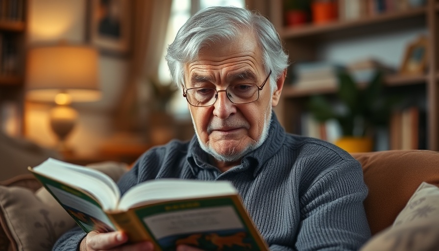 Senior man enjoying book club discussion in cozy setting.