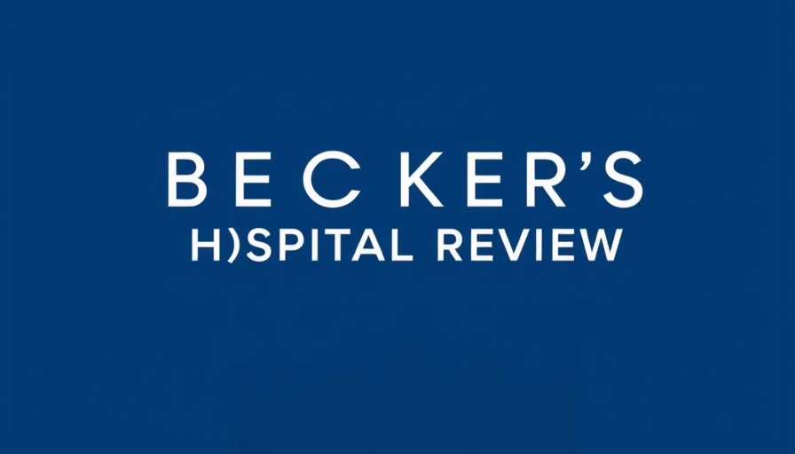 Minimalistic hospital review logo on blue with city skyline in silhouette