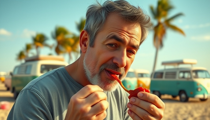 Middle-aged man enjoying chili at the beach with vintage vibes.