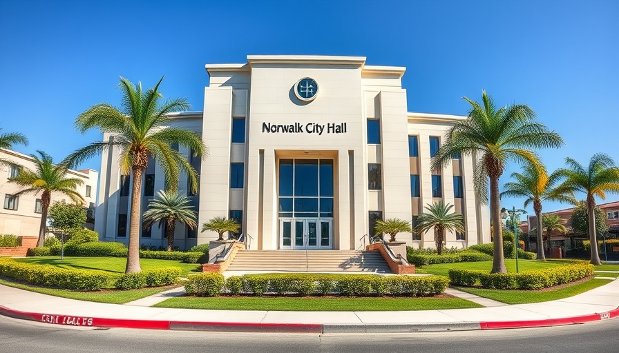 Norwalk City Hall building with greenery under blue sky.