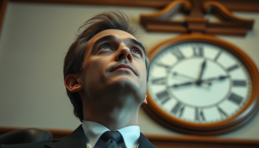 Man in a formal setting next to a blurred clock.