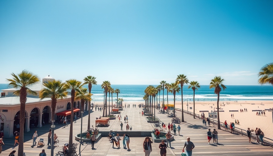 Sunny view of Huntington Beach Pier Plaza with palm trees and ocean.
