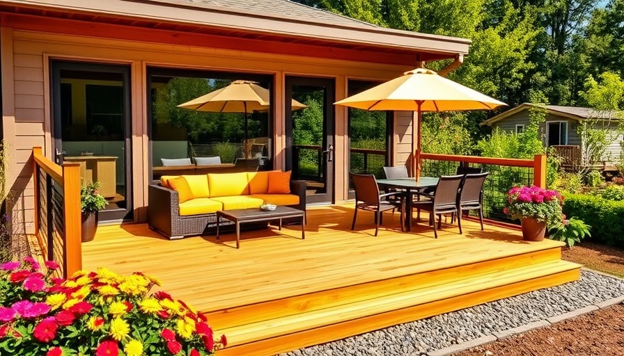 Modern two-level deck design with garden view.
