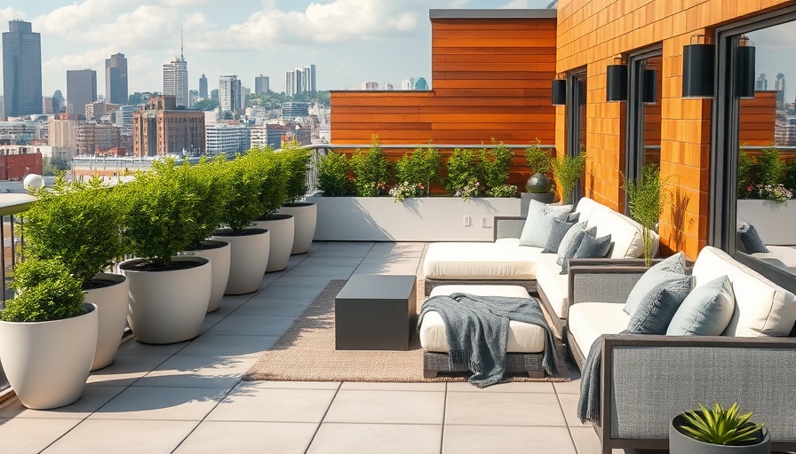 Modern rooftop apartment patio with cozy seating and green hedge.
