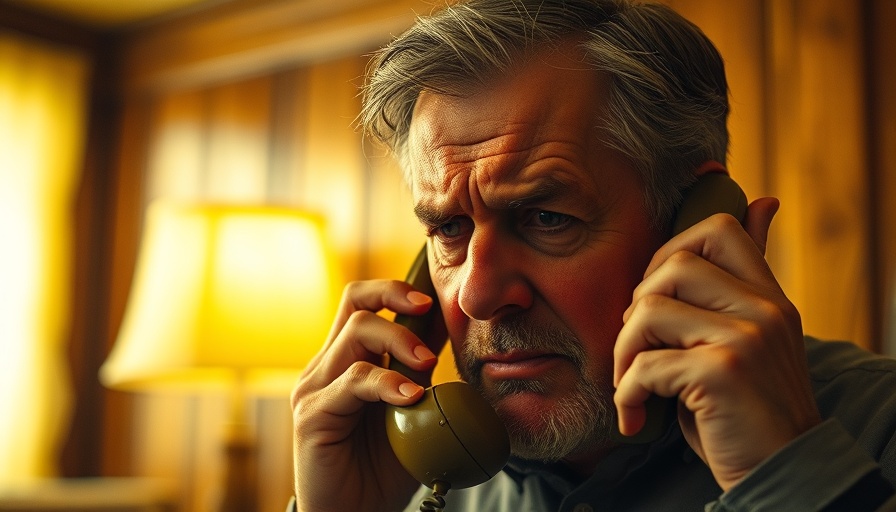 Middle-aged man frustrated on the phone, vintage style.