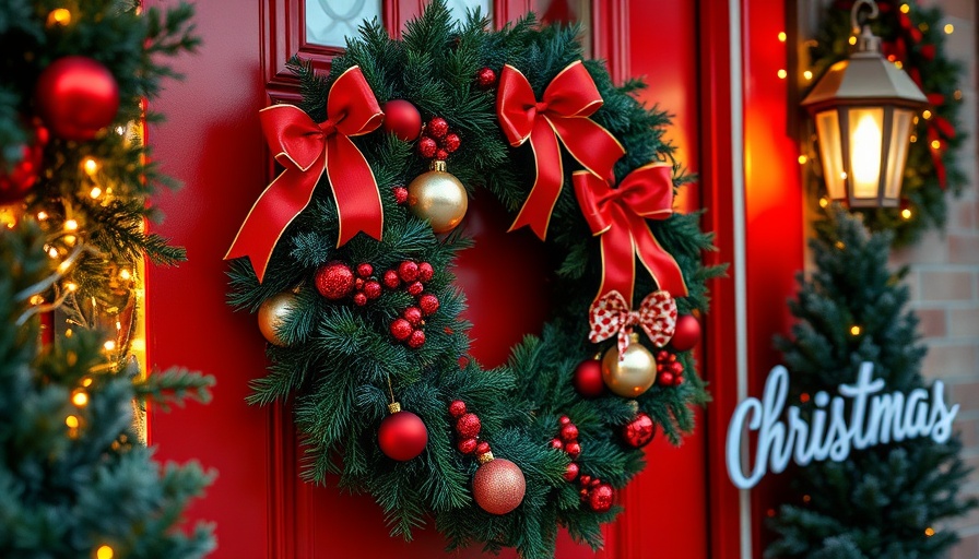DIY Christmas wreath ideas: Decorative wreath on red door with ornaments.