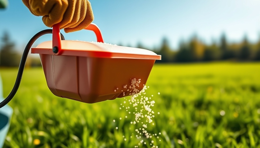 Hand spreading fall lawn fertilizer on green grass.