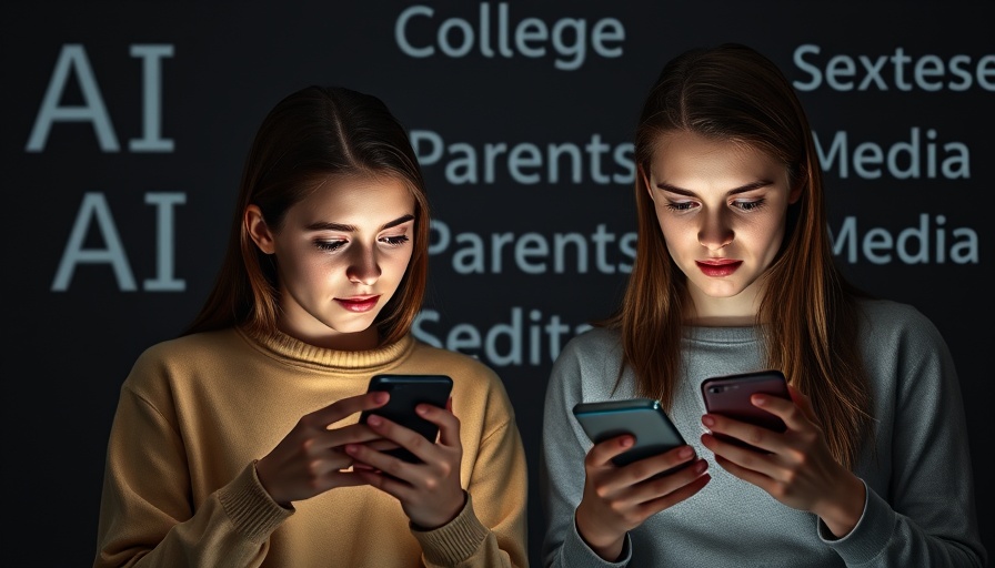 Young adults using phones with words depicting social influences, symbolizing the Blue Collar Jobs Future for Gen Z.