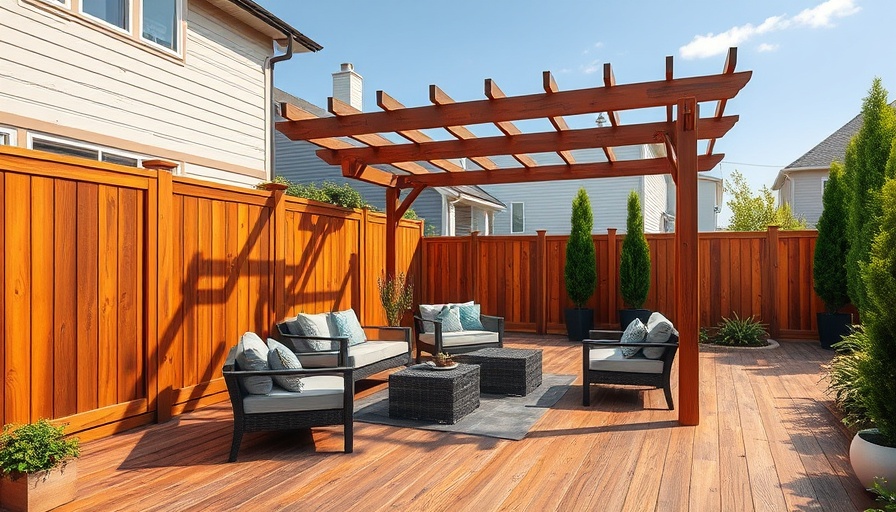 Spacious deck with wooden privacy fence and pergola, featuring seating and greenery, deck privacy fence ideas.