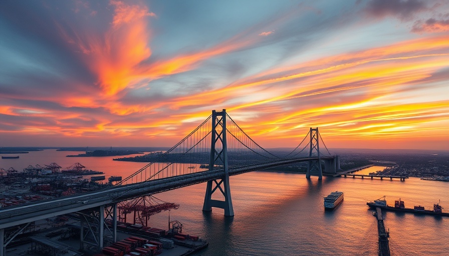 Vincent Thomas Bridge at sunset, highlighting cell towers on Vincent Thomas Bridge for suicide prevention.