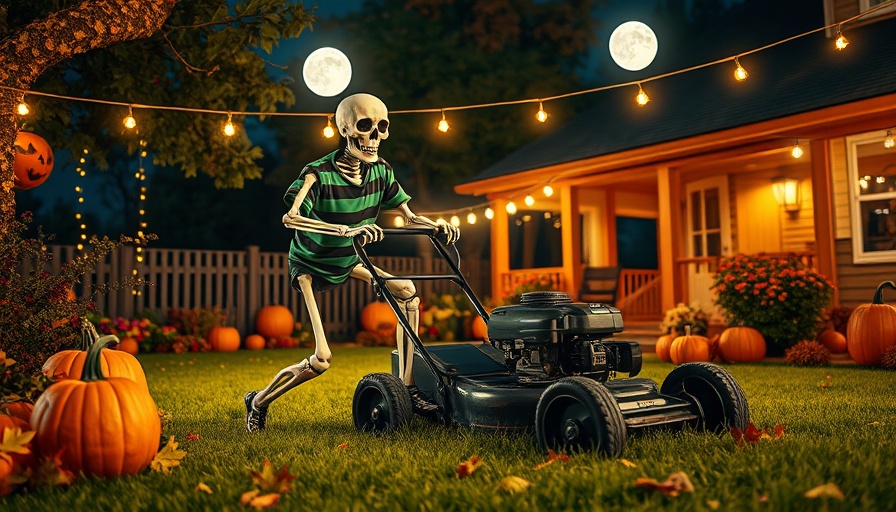 Whimsical outdoor Halloween skeleton decor idea with pumpkins and lights.
